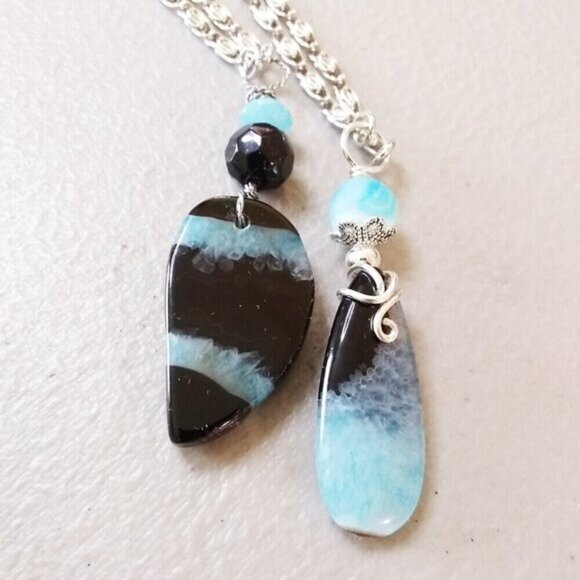 Seafoam! Aqua + Black Teardrop Agate Pendant + Ornate Chain - Boho Beachy Casual - Picture 7 of 7